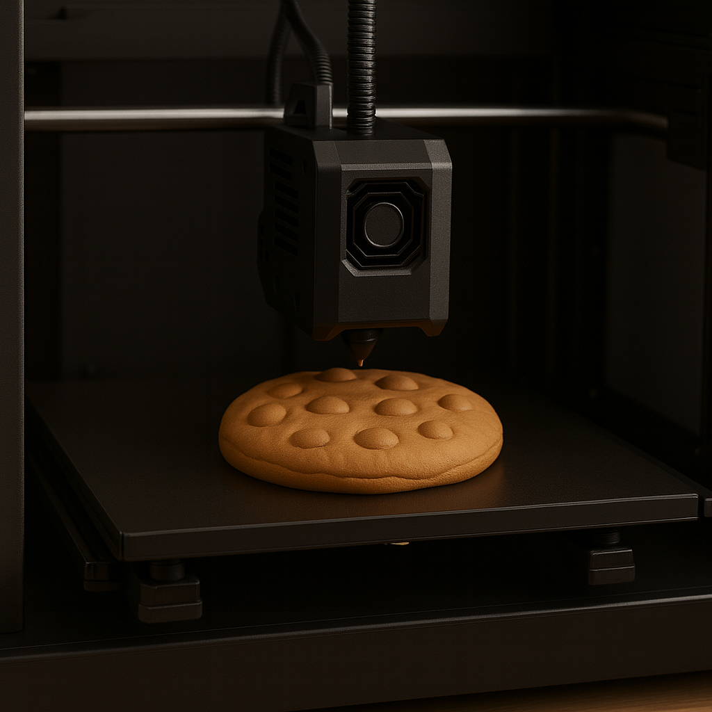 3D printer creating a single-color filament model of a chocolate chip cookie on its build plate. 3D printer creating a single-color filament model of a chocolate chip cookie on its build plate.